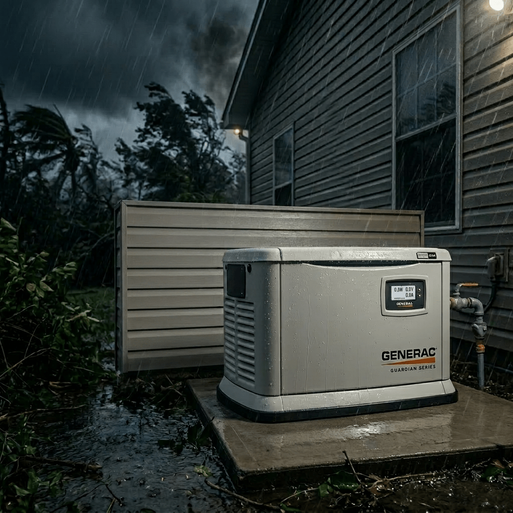 generac generator sparking and smoking outside a house in heavy rain