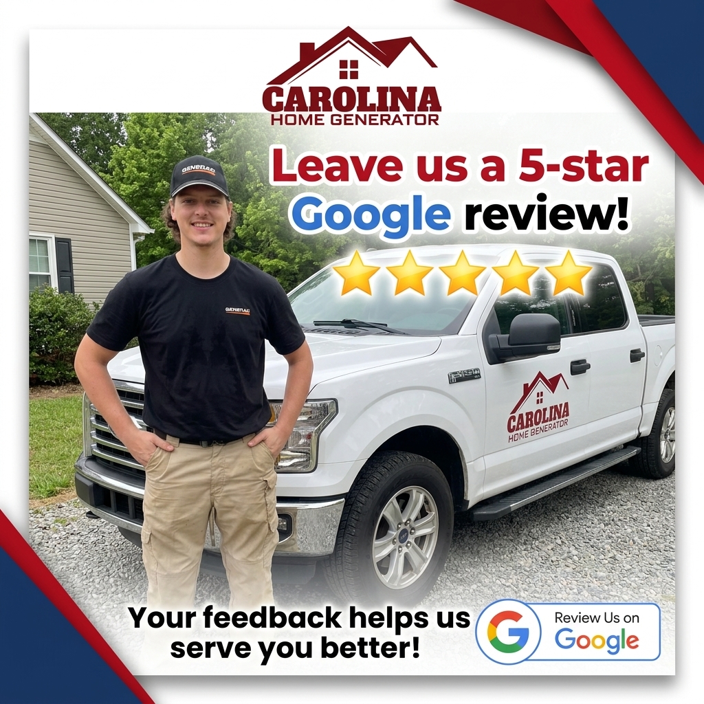 A professional, high-quality photograph showing a sleek home standby generator permanently installed on a clean concrete pad next to a beautiful suburban home. In the top corner, there is a subtle, clean graphic of five golden stars and a "Google Reviews" icon to signify customer satisfaction.