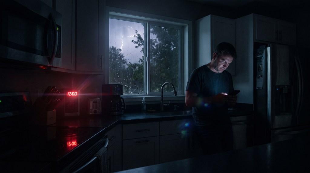 A man stands in a dark kitchen during a thunderstorm power outage, illuminated by his phone screen and a microwave clock flashing 12:00 in red LED lights in Cleveland County, Gsaston County or Rutherford County NC